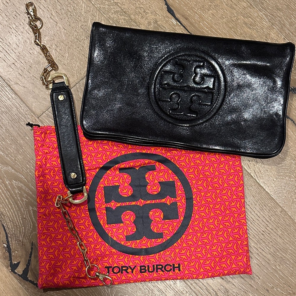 Tory Burch Black Clutch with Gold Chain